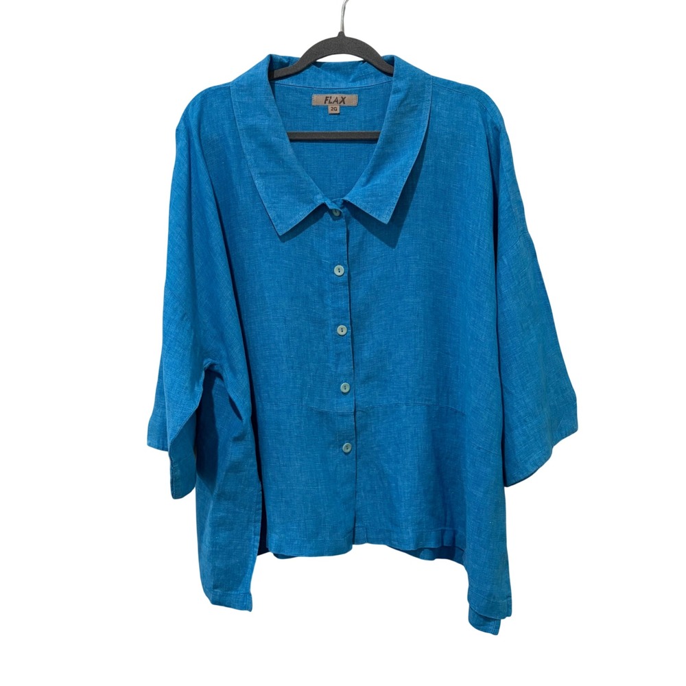 FLAX Button Down Shirt Womens 2G 2X Blue Linen Lagenlook Boxy Coastal Beach